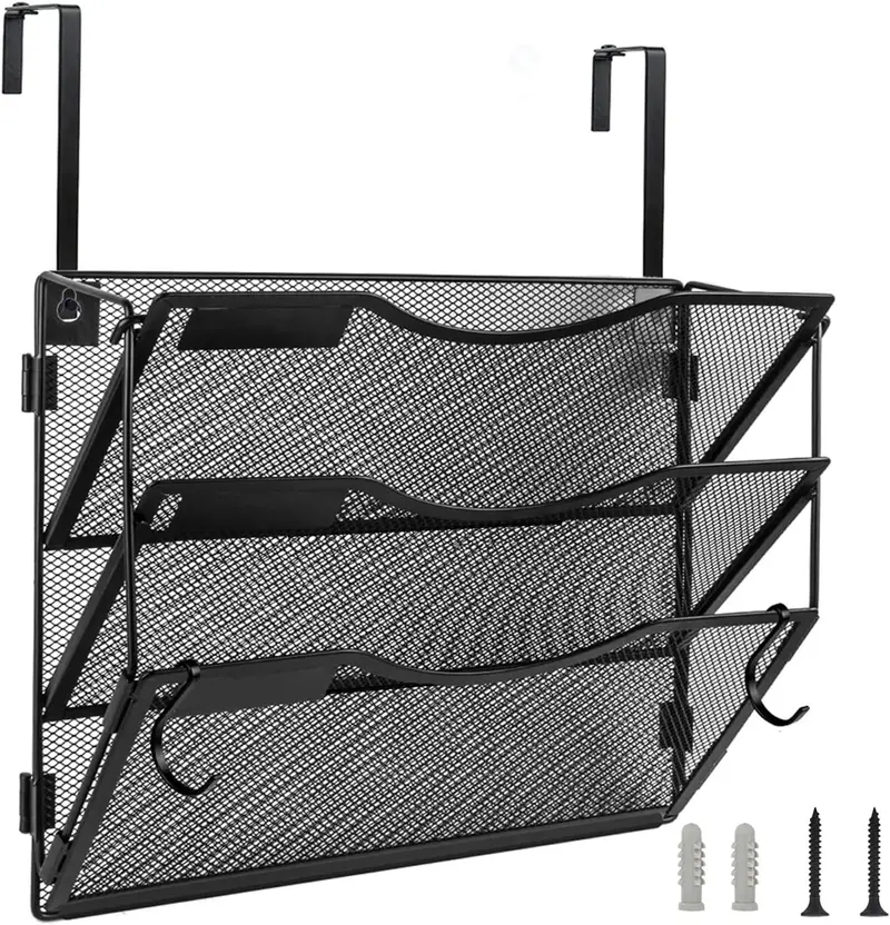 Wall File Organizer 3/5 Pockets, Mail Organizer, Hanging Folder Holder, Foldable | Hanging or Wall Mounted | Label Panel | 2 Hooks | Office Home School Organizer, Black