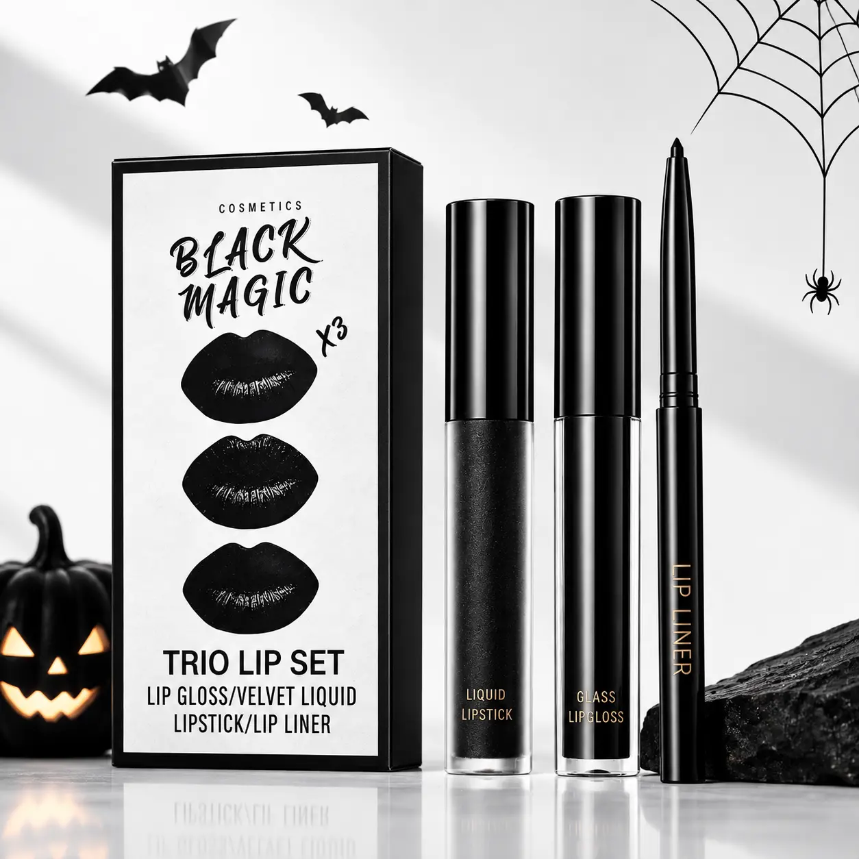 QIUFSSE 3-in-1 Lip Cosmetic Set - Liner Pencil, Lipstick, Plumping Gloss, Matte Black Lip Contour, Assorted Lipstick Shades, Durable, Nonstick Cup, Smudge-Proof, Velvet Goth Vibes Makeup for Everyday Glam (For Females)