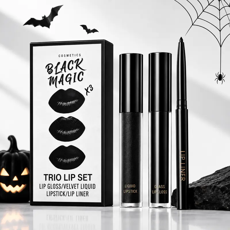 QIUFSSE 3-in-1 Lip Cosmetic Set - Liner Pencil, Lipstick, Plumping Gloss, Matte Black Lip Contour, Assorted Lipstick Shades, Durable, Nonstick Cup, Smudge-Proof, Velvet Goth Vibes Makeup for Everyday Glam (For Females)