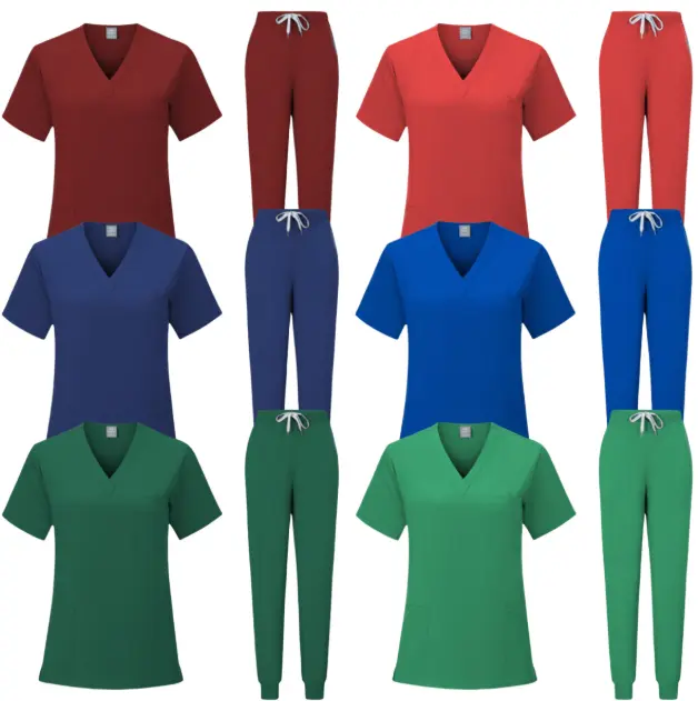 Two-Piece Set Scrubs for Women Stretch V-Neck Scrub Top and Pants Medical Uniform with Multi Pockets Elastic Waistband Unisex