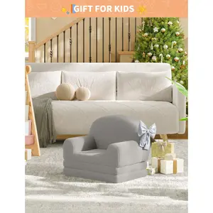 Soft Sherpa Fleece 2-in-1 Convertible Kids Sofa, Fold-Out Toddler Couch & Lounger Bed, Comfy Children Seating for Playroom Nursery, Perfect Birthday Gift, Gray Green Moon