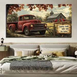 Rustic Red Truck Barn Canvas Wall Art Country Roads Take Me Home Framed Farmhouse Decor for Modern Home