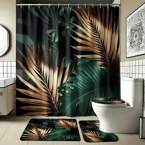 4pcs Tropical Palm Leaf Beach Shower Curtain Set with Rugs, Elegant and Botanical Design, The floor mat fabric is thicker and softer! Modern Luxe Bathroom Decor for Summer