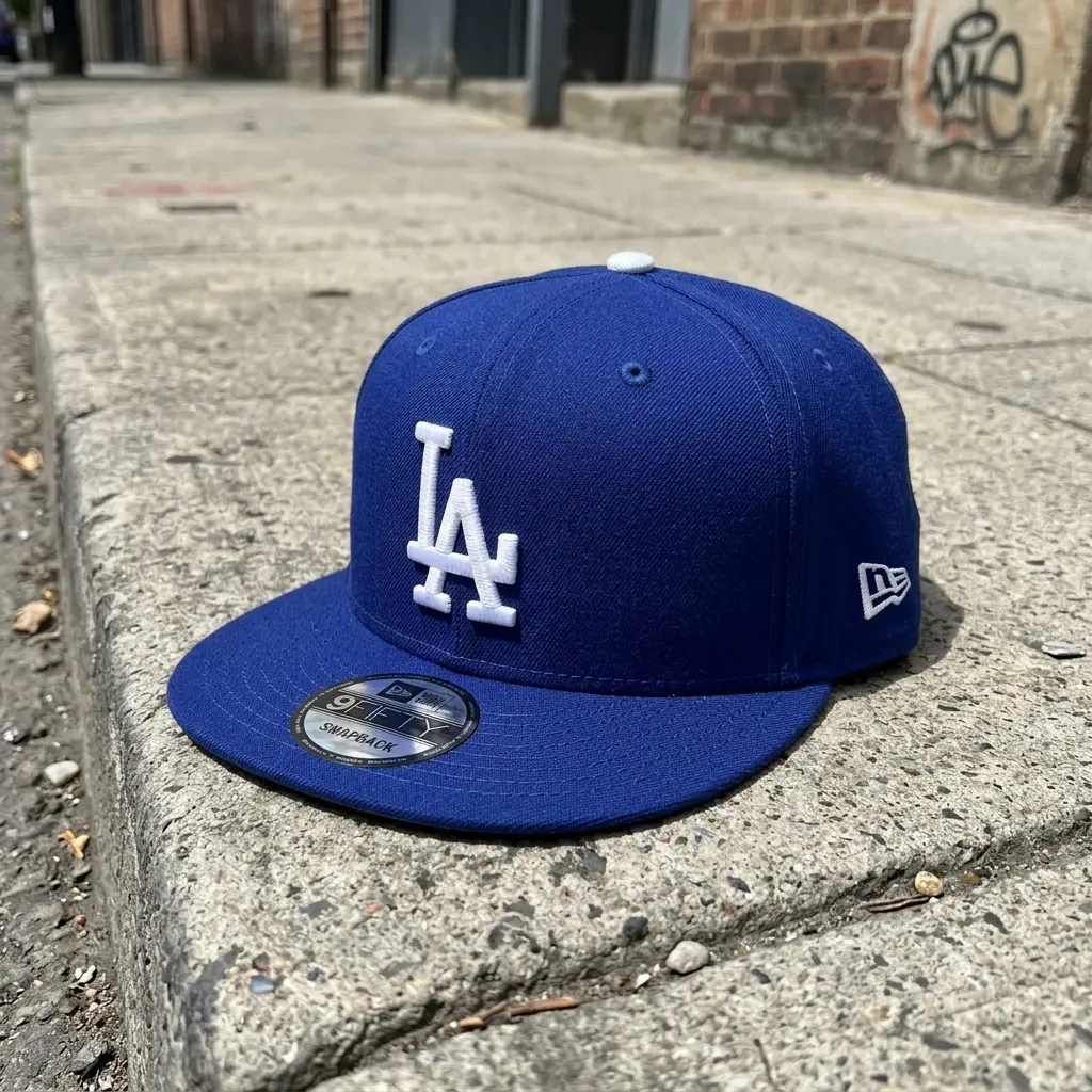 New era Los Angeles Dodgers Royal Blue Snapback Hat Downtown Sidewalk View | White LA Logo Flat Brim Cap | Unisex Skater Streetwear Fan Gear