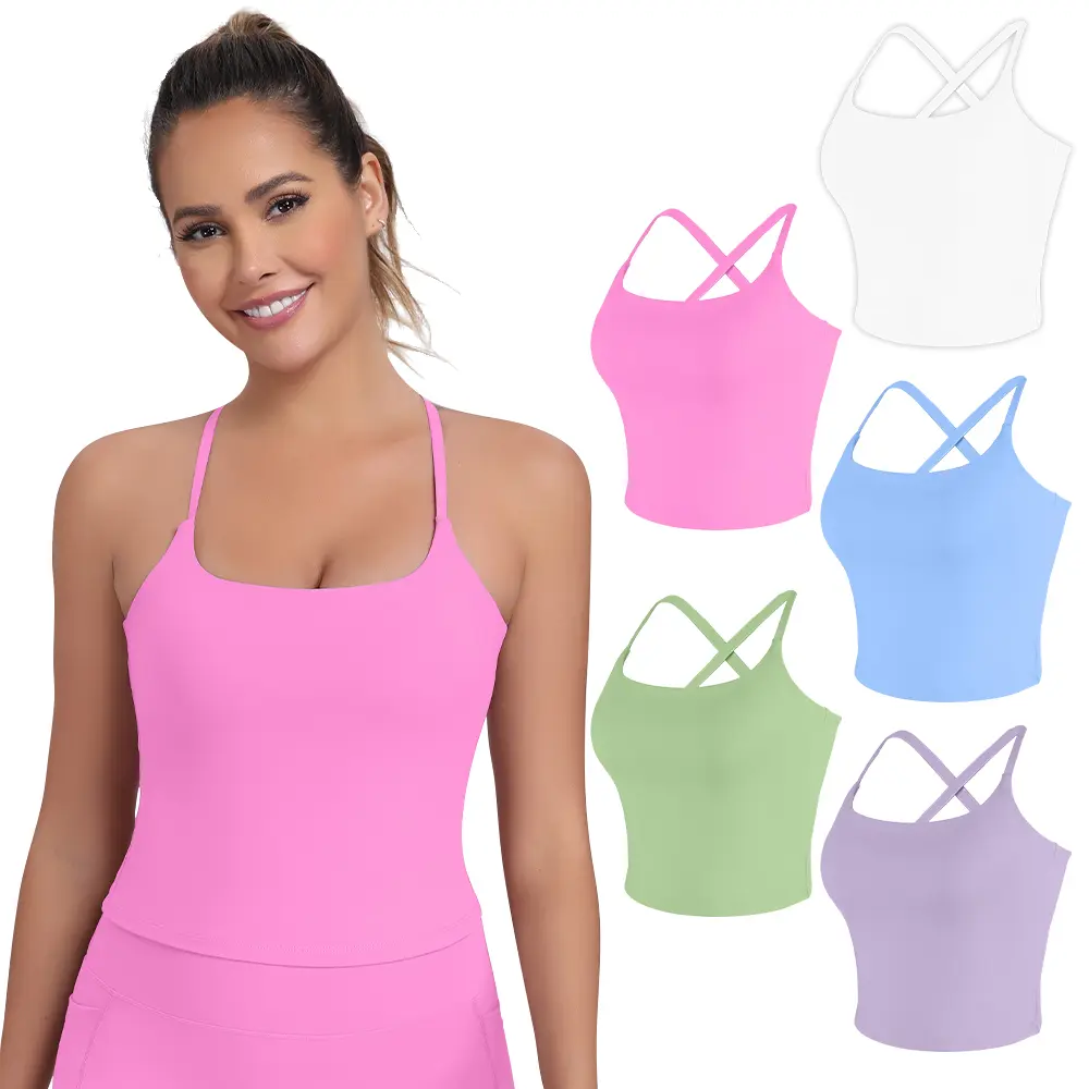1/3/5-Pack Women's Adjustable Strap Built-in Bra Tank Tops, Cross Back & Spaghetti Strap Design, Scoop Neck Longline Sports Bra with Removable Pads, Soft Stretch Fabric Yoga Workout Activewear