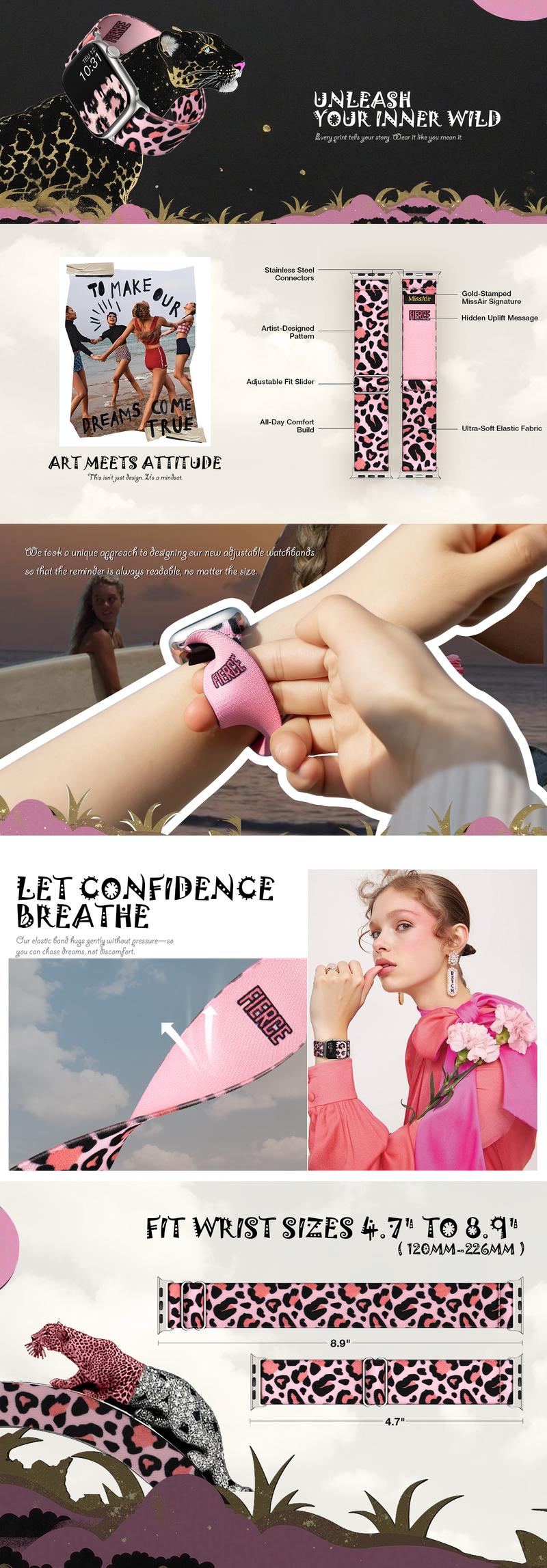 MissAir Trendy Pink Leopard Print Watch Band Compatible with Apple Watch Series 1-10 SE Ultra Stretchy Adjustable Elastic Fabric for Women - Wearable