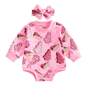 Newborn Baby Girls Sweatshirt Bubble Romper Christmas Tree Print Long Sleeve Onesie Bodysuit Outfits with Headband