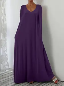 Autumn New Plus Size Women's Solid Color V Neck Long Sleeve Dress with Pockets, Casual Fashion Long Dresses for Ladies, Casual Chic Dress