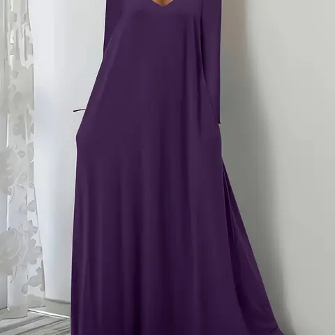 Autumn New Plus Size Women's Solid Color V Neck Long Sleeve Dress with Pockets, Casual Fashion Long Dresses for Ladies Vneck Dresses