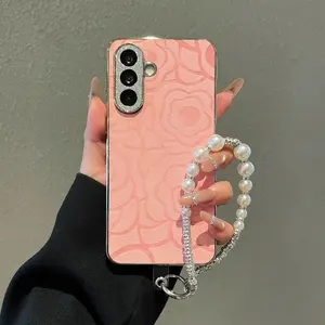 Phone Case For Samsung A37 A57 A07 A17 A14 A15 A16 A25 A26 A34 A35 A36 A53 A54 A55 A56 A06 5G Flower Soft Glitter Chain Strap Lanyard Cases Back Cover