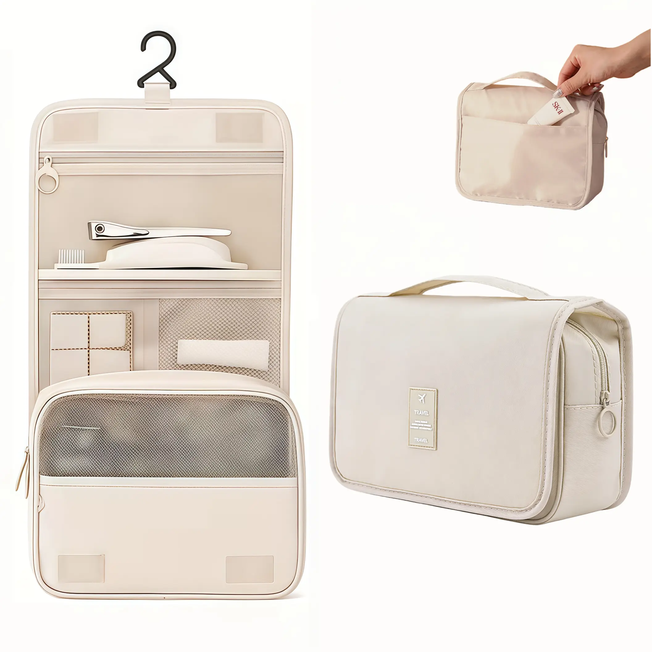 Waterproof Folding Toiletry Bag, 1 Count Multi-functional Travel Cosmetic Organizer, Large Capacity Portable (Black, Beige)