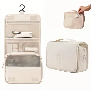 Waterproof Folding Toiletry Bag, 1 Count Multi-functional Travel Cosmetic Organizer, Large Capacity Portable (Black, Beige)