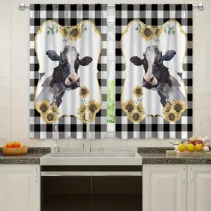 2pcs Farm Cow Kitchen Curtains Half Window Curtains With Rod Pocket One Side Printing Short Curtains For Kitchen Bathroom Bedroom Cafe Over Sink Windows Decor