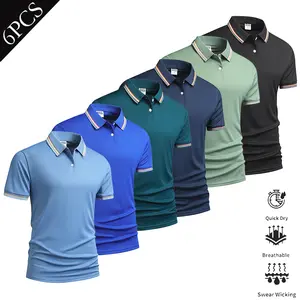 Men's 6-Pack Striped Slim Fit Short Sleeve Polo Shirt, Turn-Down Collar, Stretchable Silk Fabric, Business Casual Menswear, Slimming Breathable Top