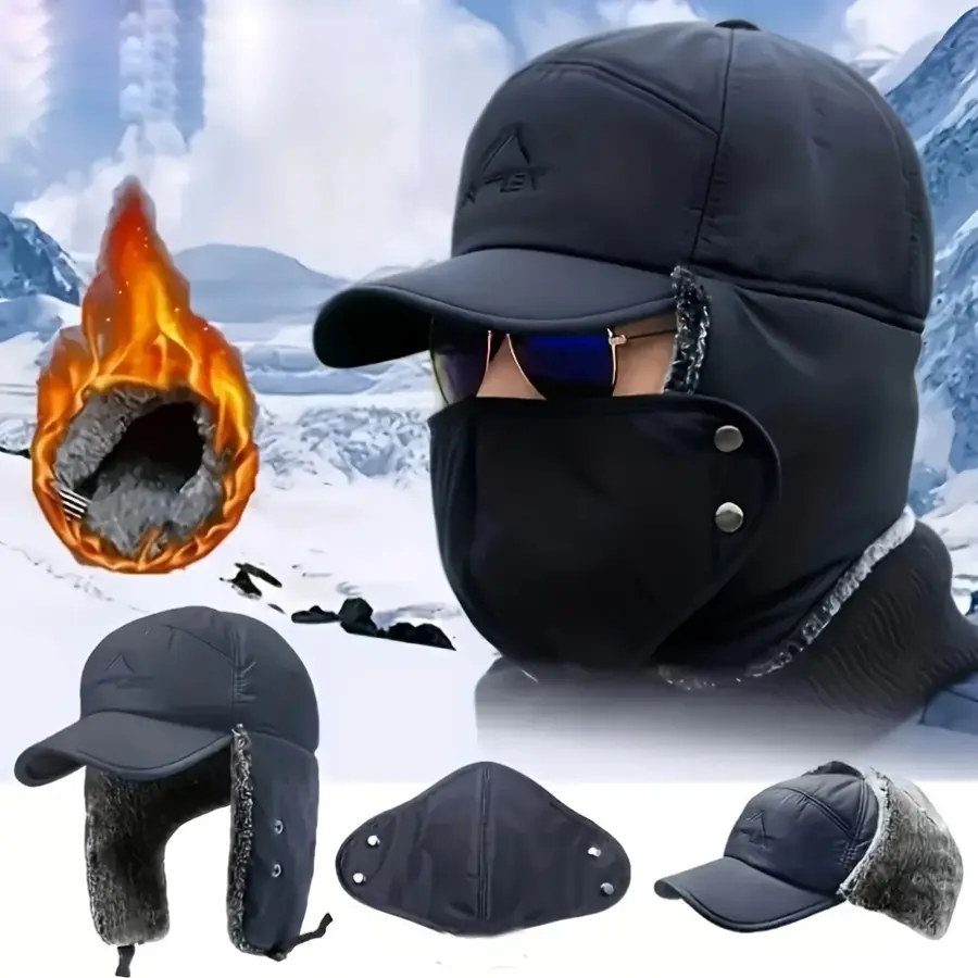 Ear-Flap Hard Hat Liner Cap - Adjustable Protective 2-Tone Beanie, Black/Blue/Grey Colors for Cold-Weather Sports & Outdoor Use, Two Tone Cap