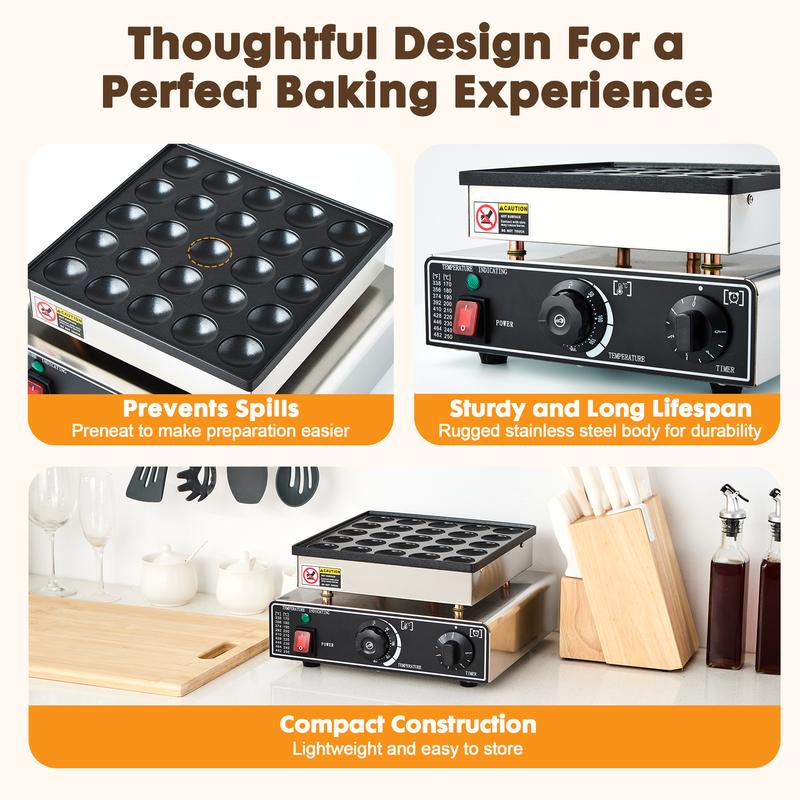 25PCS Electric Poffertjes Maker - Dutch Pancake/Dorayaki Grill | Timer & Temp Control Non-Stick for Commercial/Home Use