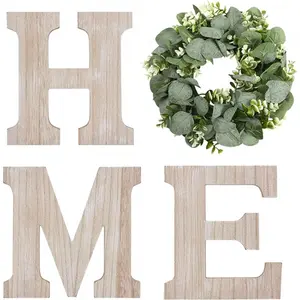 Wooden Home Sign Wall Hanging Decor  Home Letters for Wall Art with Artificial Eucalyptus Wreath Rustic Home Decor Farmhouse, Wall Decor for Living Room Entryway Housewarming Gift ()