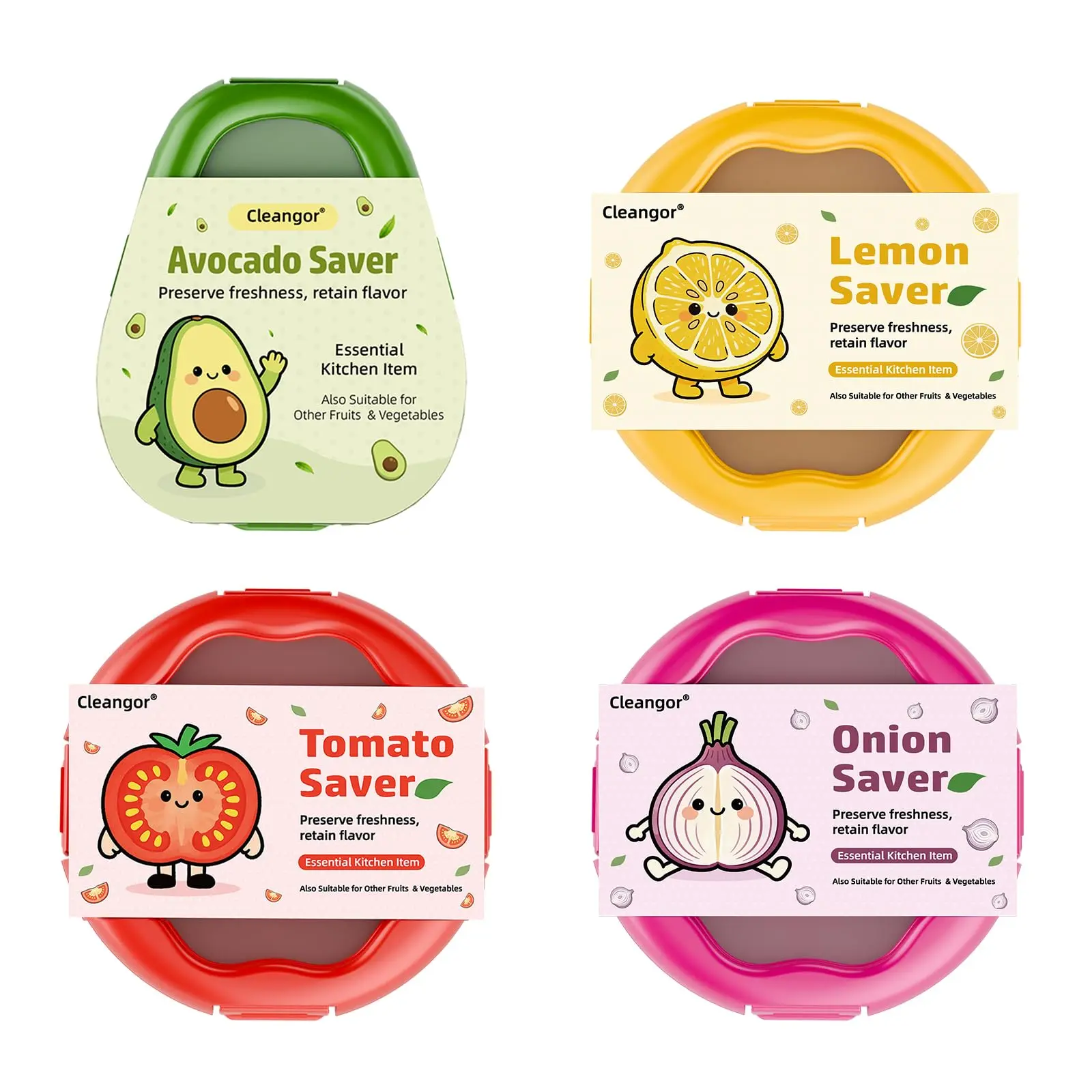 Cleangor Avocado Saver and Onion Saver, 4Pcs Fruit and Vegetable Savers | Silicone Food Saver with Snap-On Lid, Ideal for Avocados, Onions, Lemons, Orange and Tomatoes, Reusable, Dishwasher Safe