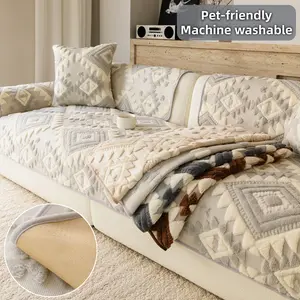 Thick Plush Boho Sofa Covers, Pet-Friendly Couch Cover for Dogs & Cats, Non-Slip Machine-Washable Soft Sofa Protector, Dustproof Sofa Protector, Dotted Anti-Slip Backing, Fits Armchair/Loveseat/3-Cushion Couch/L-Shaped Sectional, All-Season Decorative