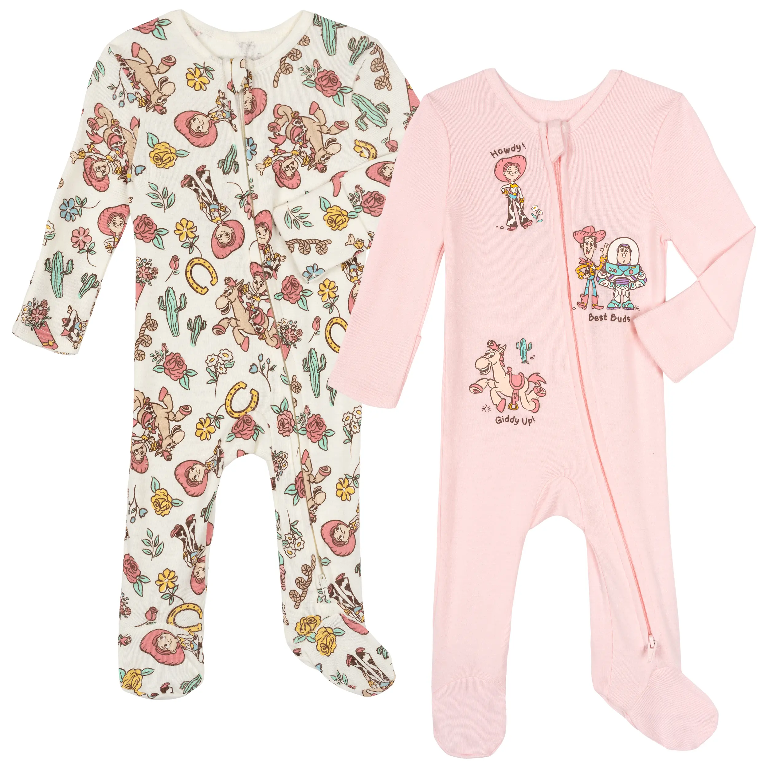 Disney Toy Story Baby Girls' 2-Pack Graphic Ribbed Zip-Up Coveralls, Pink & White, Featuring Buzz, Jessie & Bullseye Characters, for 0-3 Months Newborns & Infants, 1X1 Ribbed Knit Cotton Blend, Zip-Up Front, Graphic Print, Onesie Baby Girls Gift Sets, Act