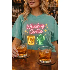 Whiskey Girlie T-Shirt — Pastel Neon Cactus & Shot Glass Graphic