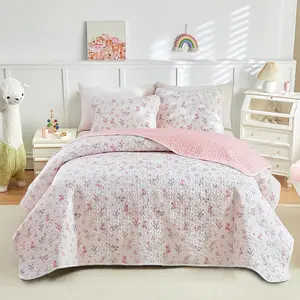 3 count Cotton Quilt Set for Girls, Full/ Size Pink  Floral Design, Cozy Lightweight Quilt Bedspread Bed Cover for All Season, 1 Quilt and 2 Pillow Shams- 90x90 inches