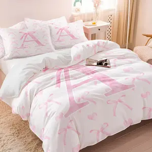 3-Piece Letter A  Bow Print Bedding Set, Includes 1 Duvet Cover & 1/2 Pillowcases, Skin-friendly Soft Breathable Comforter Cover (No Comforter) for Daughter Girls' Bedroom Decor, Zipper Closure