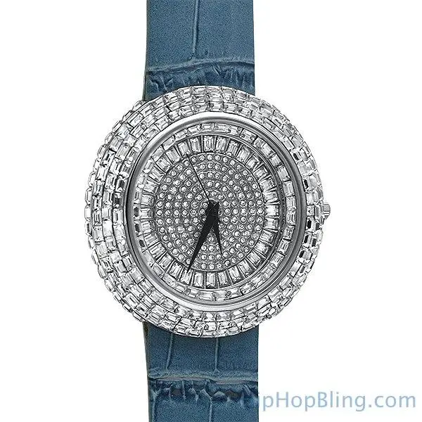 Men's Iced Out Stylish Watches, Platinum-Plated Hip Hop Timepiece with Baguette Stones and Blue Orbit Dial, Statement Watch, Iced Out Look, Hip Hop Wear, Buckle, Crystal Studded Quartz Watches