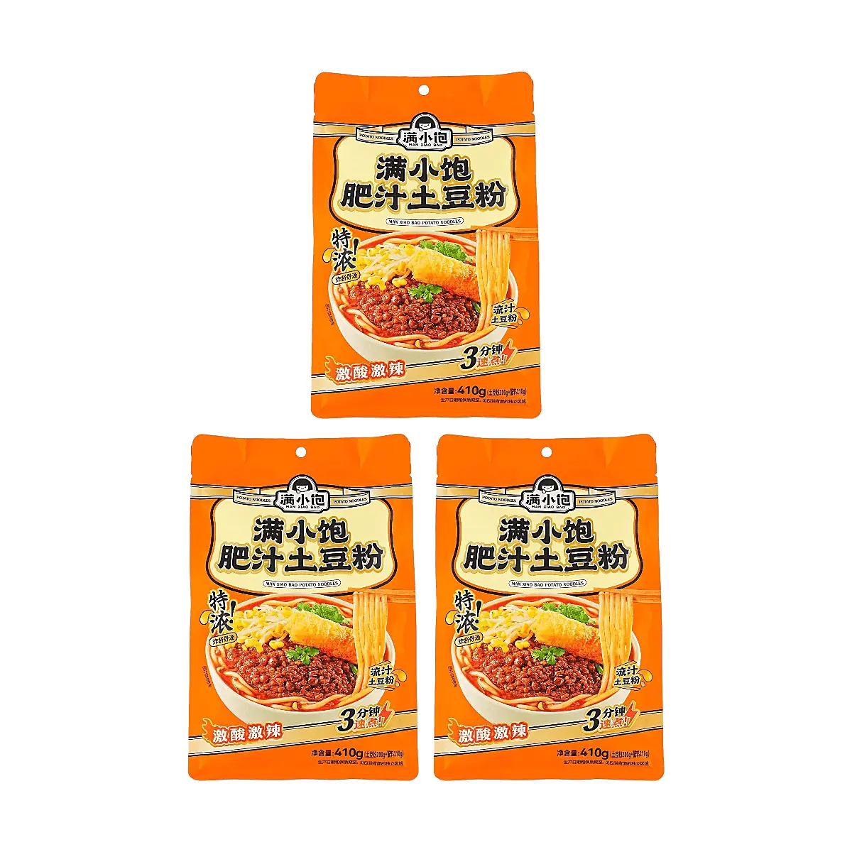 3 Pack ManXiaoBao Rich Broth Potato Noodles 14.46 oz - Chinese Instant Noodle Creamy Broth Quick Meal
