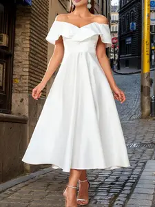 Women's Off The Shoulder Zipper Dress, Elegant Solid Color Dress for Party Holiday Wedding Guest, Ladies Clothes for All Seasons