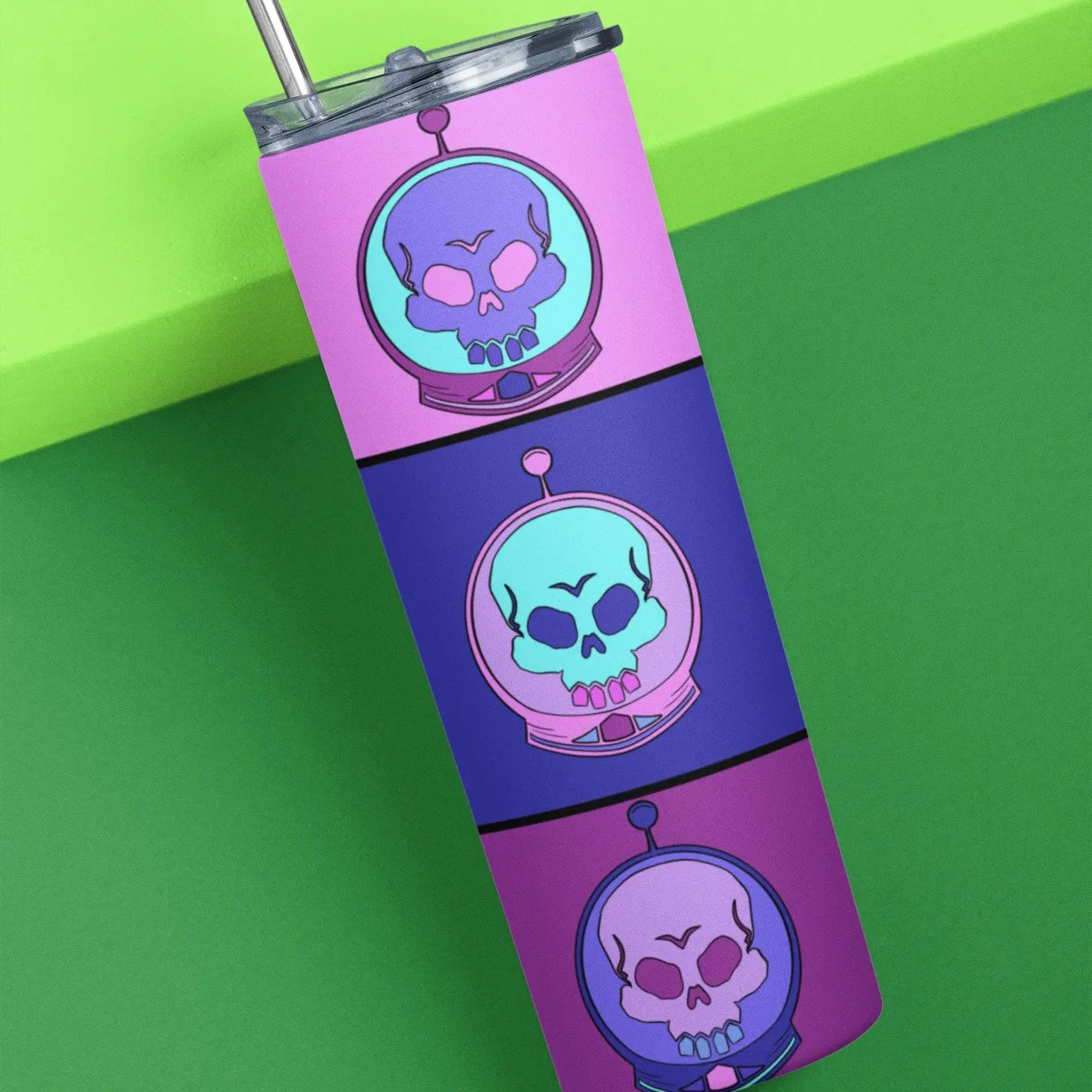 Alien Head PopArt Tumbler - Insulated Stainless Steel Mug with Lid and Straw