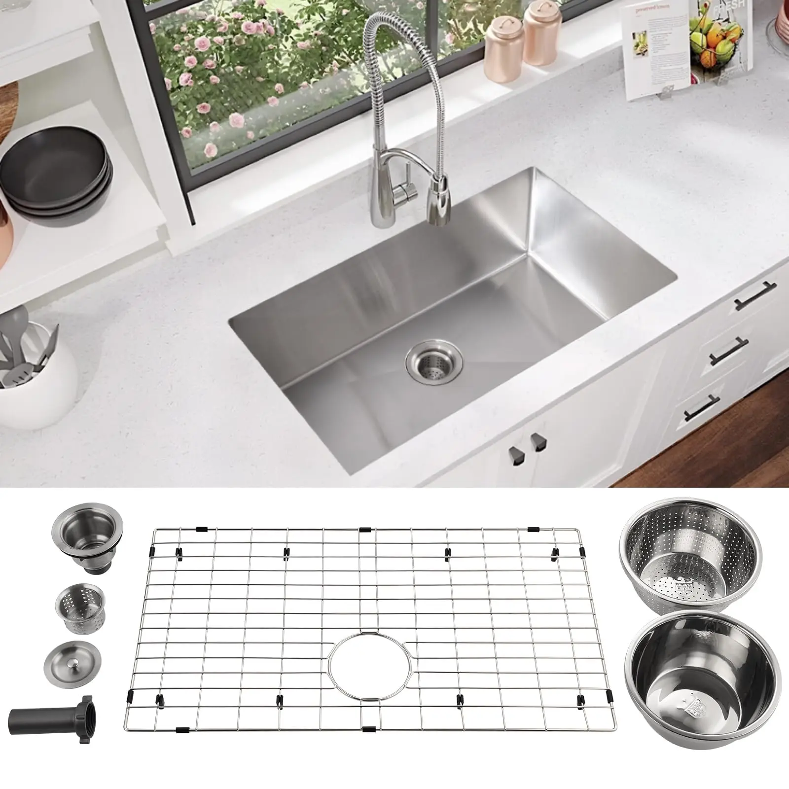 【GARVEE】Stainless Steel Kitchen Sinks - Available in 30 and 32 Inch Sizes, Featuring 16 Gauge Single Bowl Undermount Design, Easy Drain, Low Noise Operation, and Easy-to-Clean Surface with Accessories Included