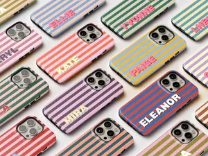 Custom Monogram Name Tough MagSafe Cover, Personalized Initial Phone Case, Striped Summer Style Phone Case for iPhone 17 16 15 14 13 12 11 Pro Max Air Plus