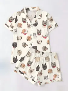Cute Pet Cat Dog Print Sleepwear Set, Cute Pajama Sets, Short Sleeve T-Shirt & Shorts Cardigan Two-Piece, Home Wear for Cats and Dogs