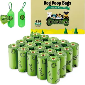 Poop Bags Rolls 420 Counts:  Extra Thick Poop Bags for Dogs Leak-proof Scented Pet  Bags for Doggie Poo - with 2 Dispenser, Green