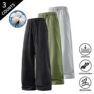 3-Pack Men’s Summer Vibes Ultra Soft Wide-Leg Pants, Breathable Elastic Waist Pants with Drawstring
