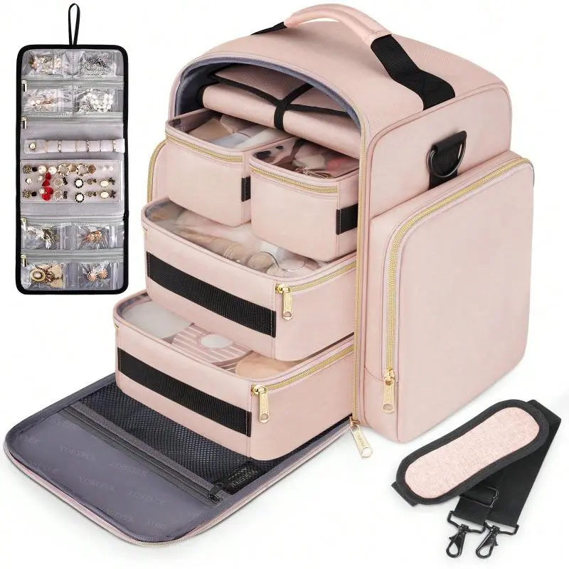 Large Fabric Makeup Organizer Storage Bag - Portable Compartmentalized Travel Toiletry Bag for Women with 4 Removable Compartments & Jewelry Pouch, Practical for Cosmetics, Hair Tools, Accessories