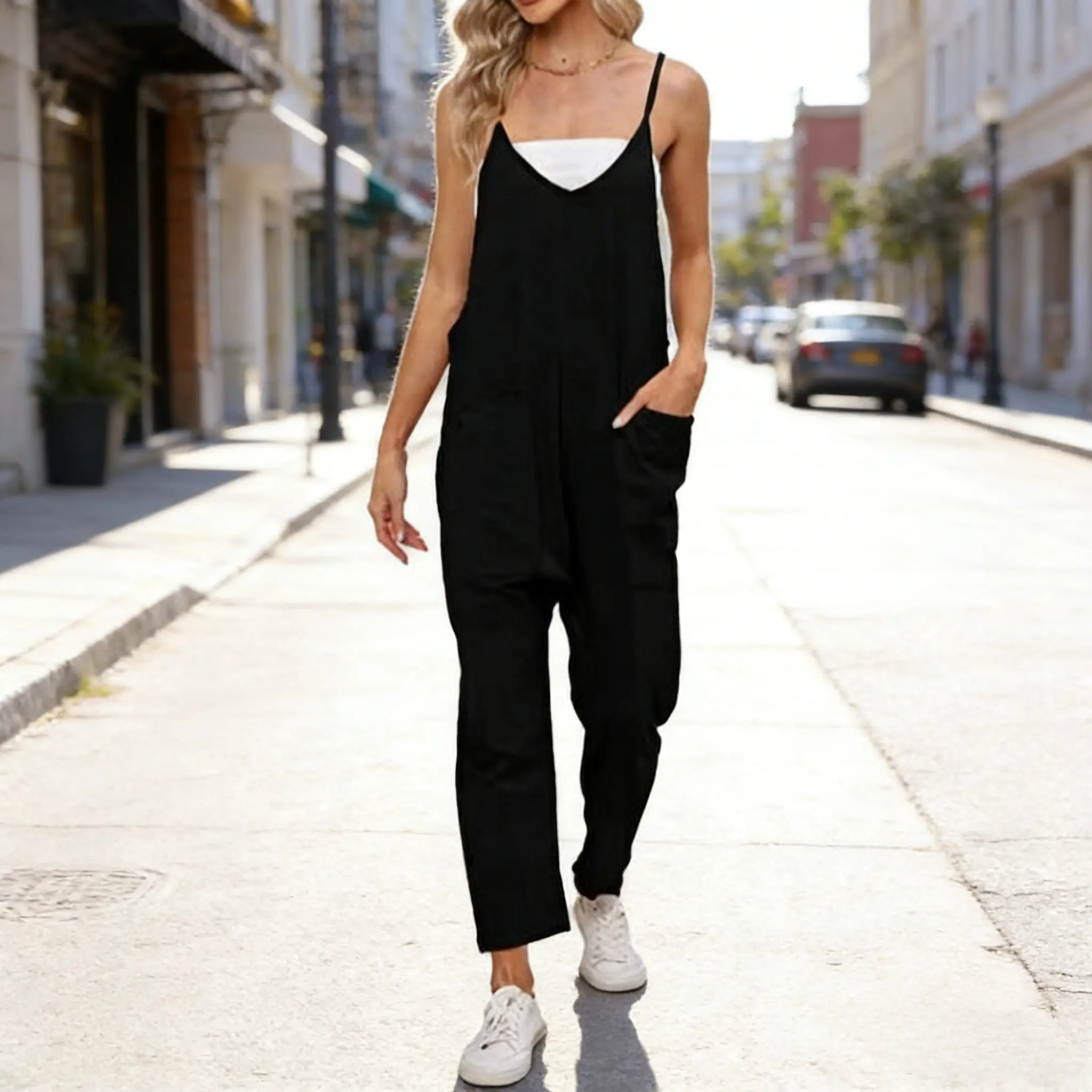 Women's Casual Summer Spaghetti Strap Jumpsuit - Black Sleeveless Loose Romper Overalls with Side Pockets, Lightweight Breathable Fabric, Trendy Comfy Jumper for Beach Vacations & Daily Outings