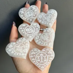 Selenite Etched Zodiac Heart Crystal Carving