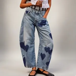 Y2K Barrel Jeans for Women – Wide Leg Baggy Distressed Denim Pants with Printed Detail, Horseshoe Boyfriend Streetwear