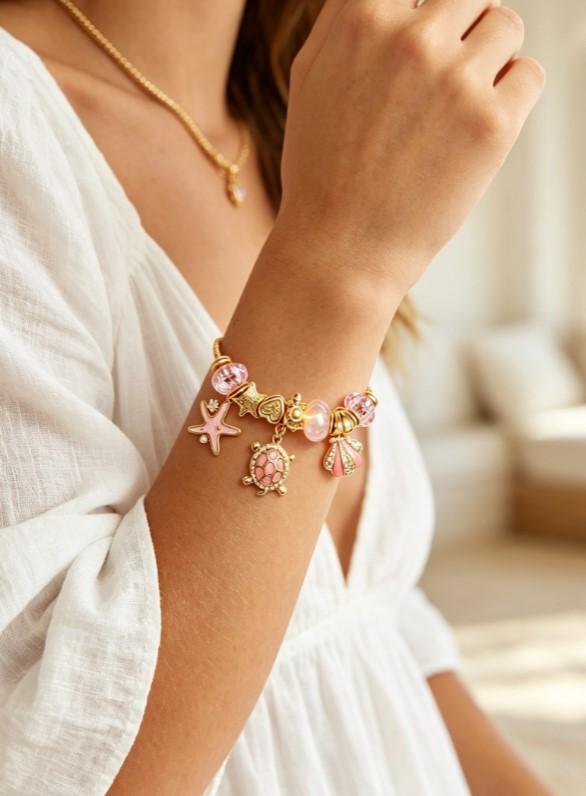 Pink Ocean Charm Bracelet, Gold Plated Snake Chain Bangle with Starfish Turtle Shell Dangle Charms, Adjustable Beaded Bracelet Jewelry Gift for Women Girls Pink Ocean Charm Bracelet, Gold Plated Snake Chain Bangle with Starfish Turtle Shell Dangle Charms, Adjustable Beaded Bracelet Jewelry Gift for Women Girls