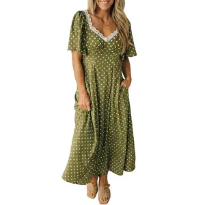 Znacicc Women's Vintage Style Green Polka Dot Long Dress: Lace Detail & High Waist | Flowy Maxi with Puff Sleeves & Side Pockets, Ideal for Summer Wear & Weekend Getaways Casual Boho Fashion Boho A Line