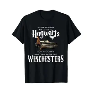 Summer 2026 Streetwear[Christmas Gift] Black T-Shirt with Hogwarts & Winchesters Hunting Graphic, Casual Tee for Fans of Harry Potter & Supernatural, Adult & Youth Holiday Shirt, Unisex Fan Outfit, Geek Holiday Top, Festive Party GraphicUnisex Graphic Tee
