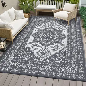 GARVEE  Outdoor Rug for Patio 9x18 Waterproof Reversible Plastic Straw Mat, Large Grey and White Vintage Medallion Area Rug for Deck, Balcony, Camping, Beach, Picnic, Indoor/Outdoor Use