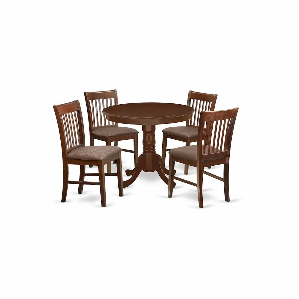 Mahogany Wood 5-Piece Indoor Dining Set - Round Top Pedestal Base Table & Chairs, Fixed Size, Clean Lines, Seats 4