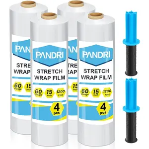 PANDRI Stretch Film, 15" x 1200 Ft per Roll Stretch Wrap Clear Shrink Wrap with Handles, Plastic Wrap for Moving Pallet Wrap, 4 Pack, 60 Gauge, 2 Handles