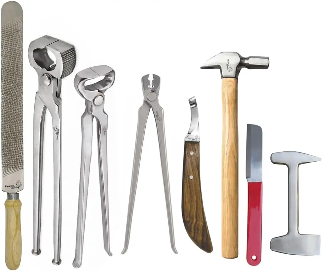 Horse Farrier Tool Kit 8 PCS Professional Farrier Hoof Care Complete Set with Nippers, Puller, Hammer, Clinch Cutter, Hoof Knives & Rasp – Equine Grooming & Shoeing Tools Kit for Horses