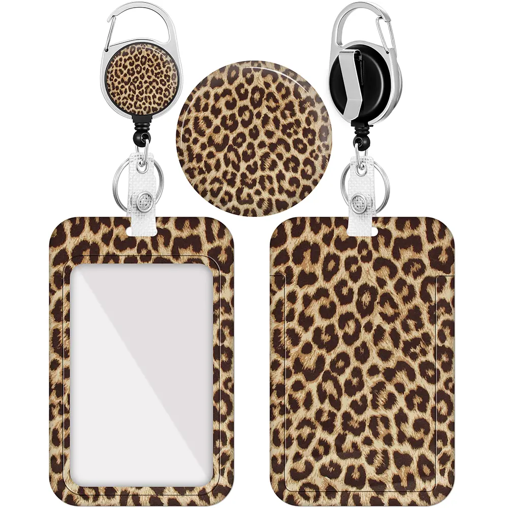 Plifal Badge Holder with Retractable Reel, Unique Leopard ID Name Tag Work Badge Clip Heavy Duty Vertical Card Protector Cover Case for Work Office Nurse Medical Student Teacher Women