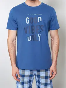 Summer Men's Sleepwear Set, Casual Comfort Letter Print Short Sleeve & Plaid Shorts Two-Piece, Men's Home Clothing Sleepwear Set