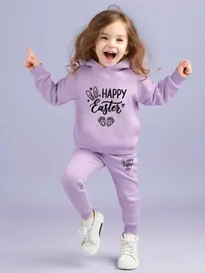 Girls' Easter Cartoon Bunny Ears Letter Print Hoodie Set, Comfortable Sweatpants, Casual Youth Fashion, Ideal Gift for Girls